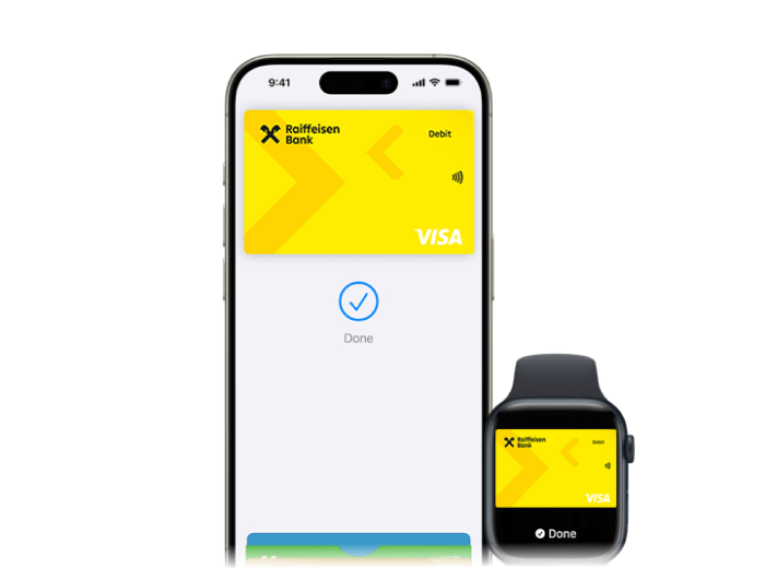 Mobile and watch with digitalitzed Raiffeisen bankcard in Apple Wallett